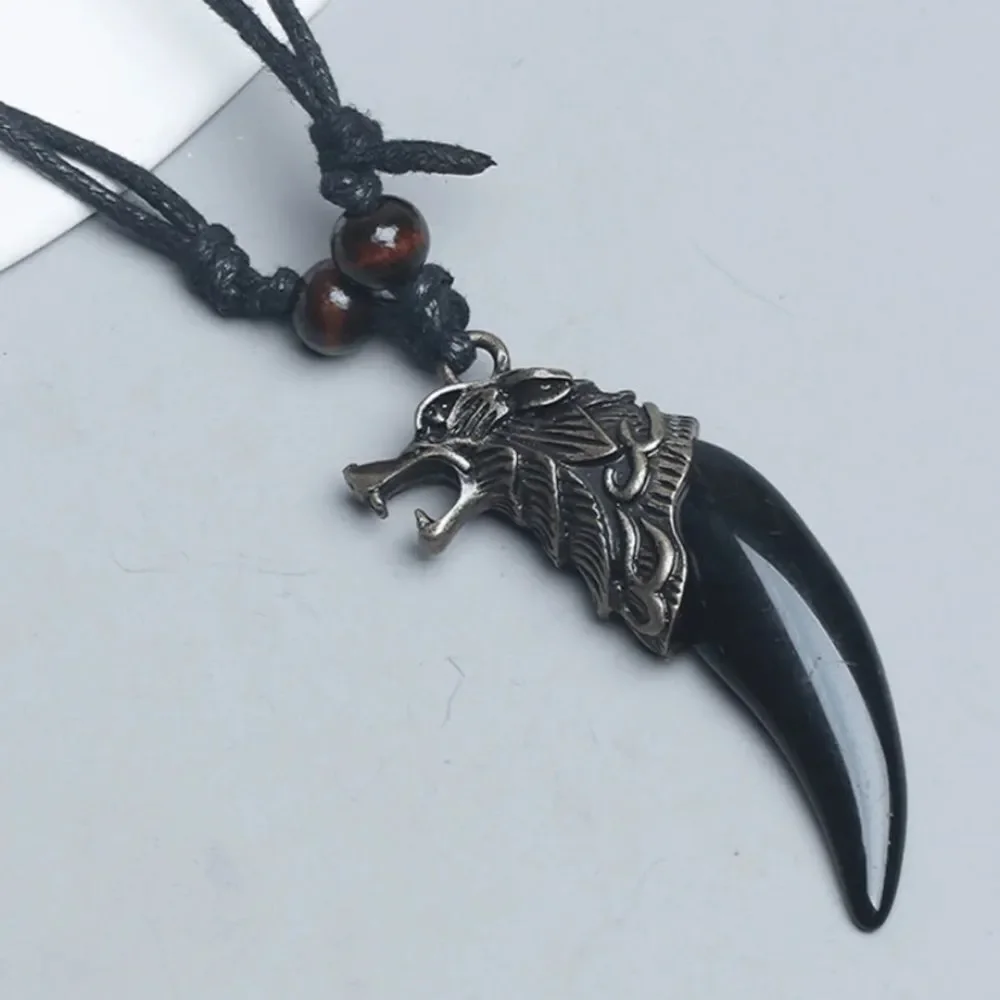 3for$20 1pc Braid Rope Necklace Men Pendant Necklace, Wolf Head Necklace tooth